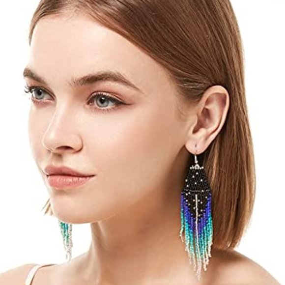 Long 5" Turquoise Blue & Black Beaded Large Oversized Bohemian Handmade Earrings - Picture 6 of 9